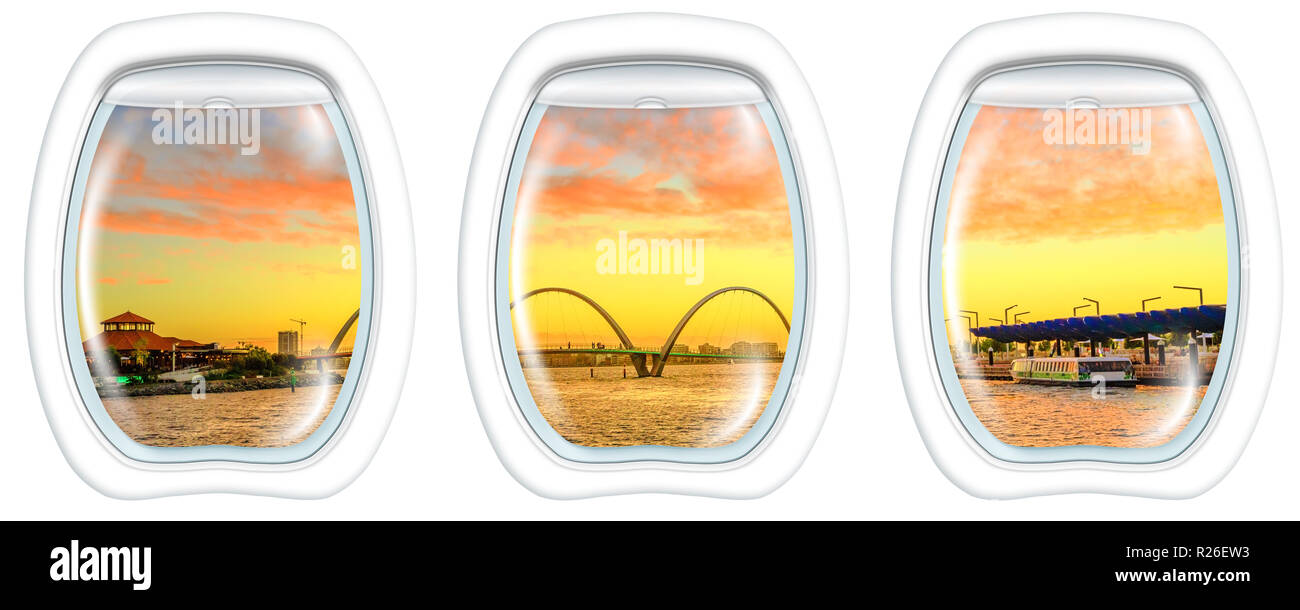 Piano di tre finestre sul Molo Ponte sul Fiume Swan in Elizabeth Quay marina al tramonto. Volo panoramico sopra Perth, Western Australia skyline, a partire da un piano sull'oblò di windows. Copia dello spazio. Foto Stock