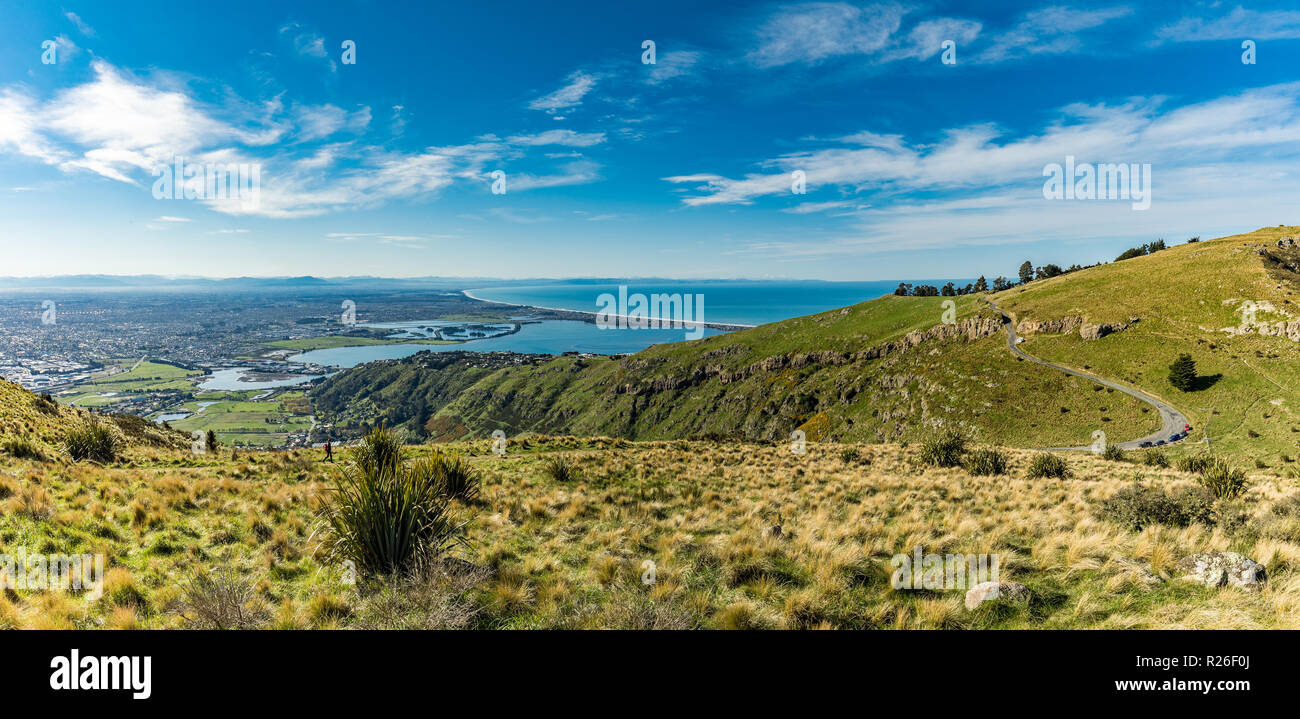 Christchurch in Gondola e il Lyttelton porta dal porto di colline in Nuova Zelanda, Isola del Sud Foto Stock