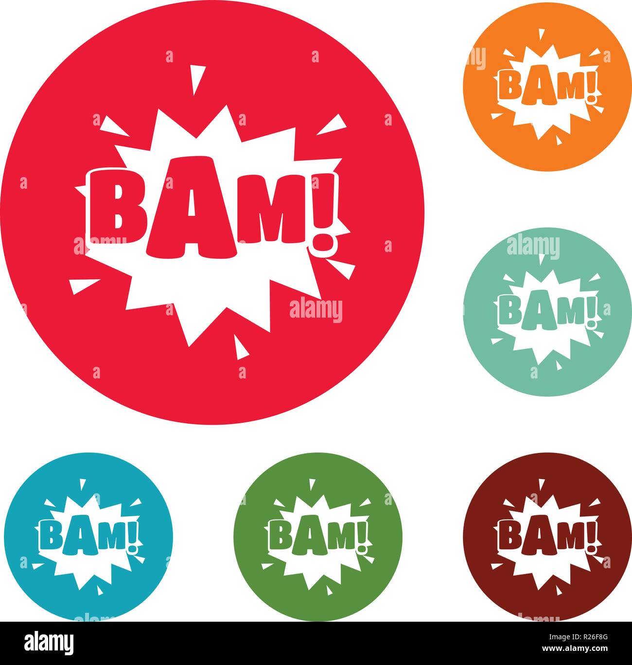 Boom di fumetti bam icone cerchio vettore set isolato su sfondo bianco Illustrazione Vettoriale