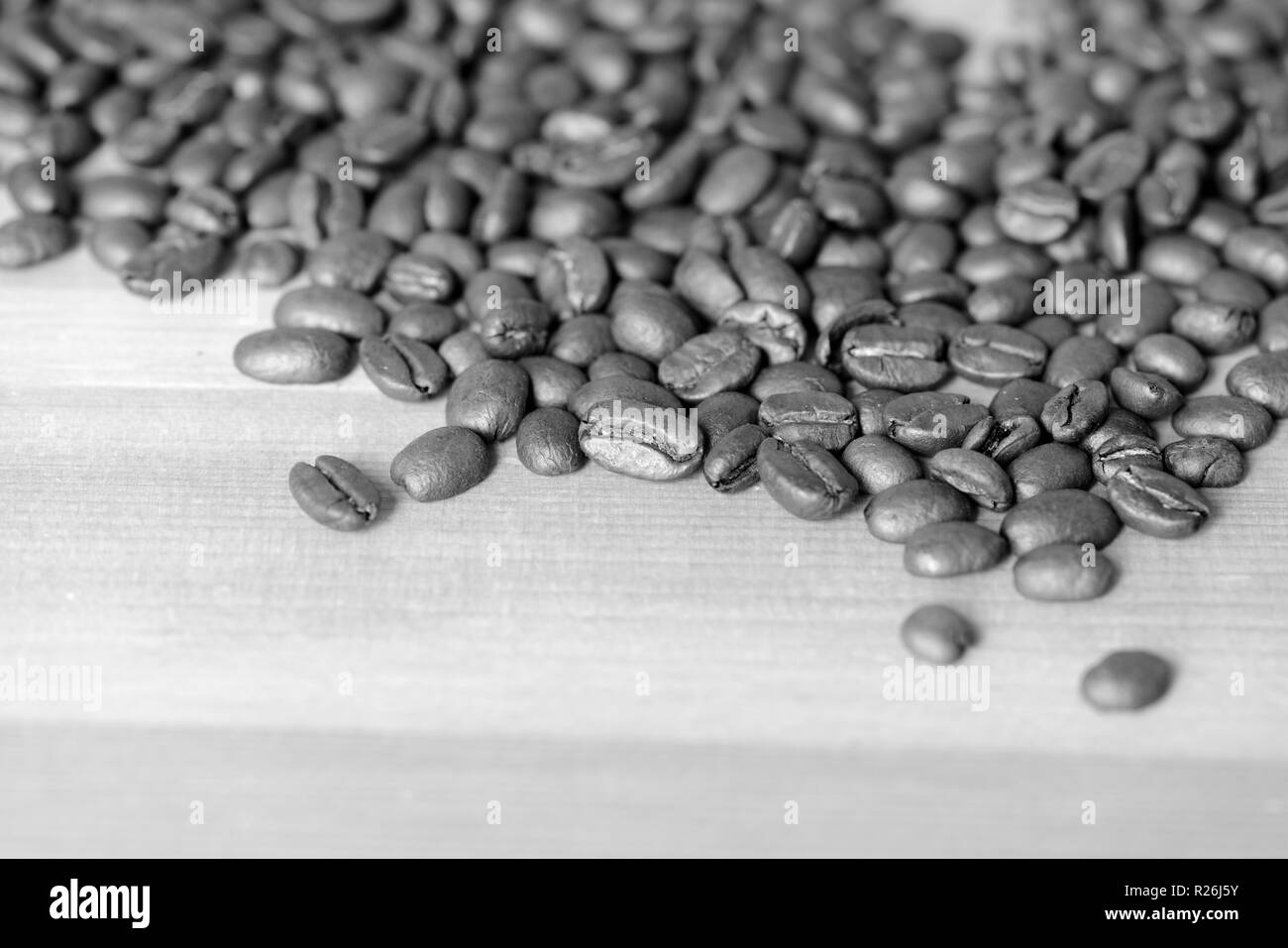 Chicchi di caffè tostati su uno sfondo di legno. In bianco e nero Foto Stock