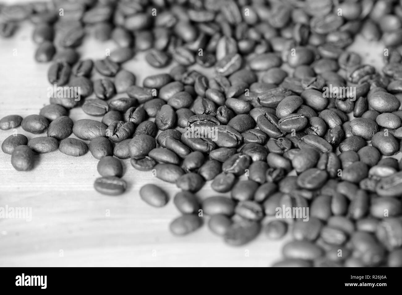 Chicchi di caffè tostati su uno sfondo di legno. In bianco e nero Foto Stock