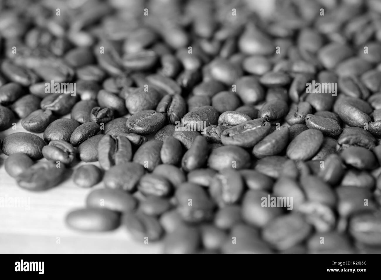Chicchi di caffè tostati su uno sfondo di legno. In bianco e nero Foto Stock