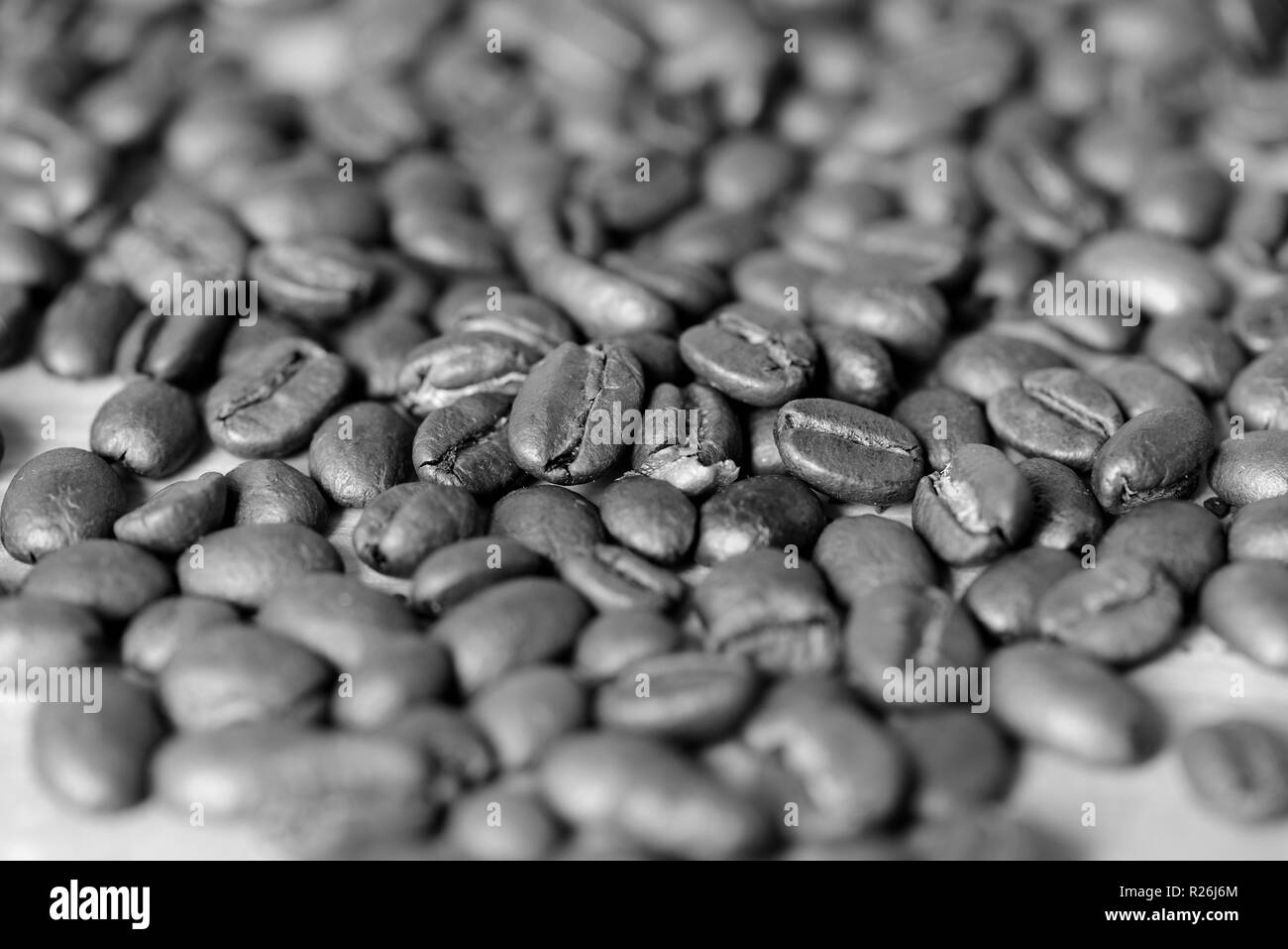 Chicchi di caffè tostati su uno sfondo di legno. In bianco e nero Foto Stock
