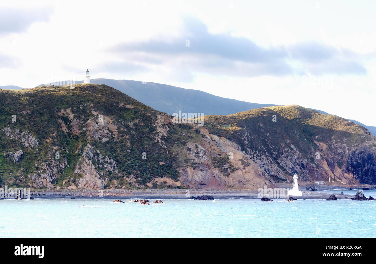 Fari a testa Pencarrow nella regione di Wellington di Nuova Zelanda. Foto Stock