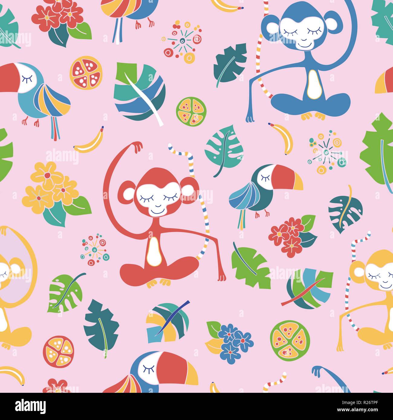 Meditando le scimmie con tucani, foglie e fiori su fondo rosa. Vettore di Seamless pattern. Perfetto per il mercato dei bambini - tessuto, wallpap Illustrazione Vettoriale