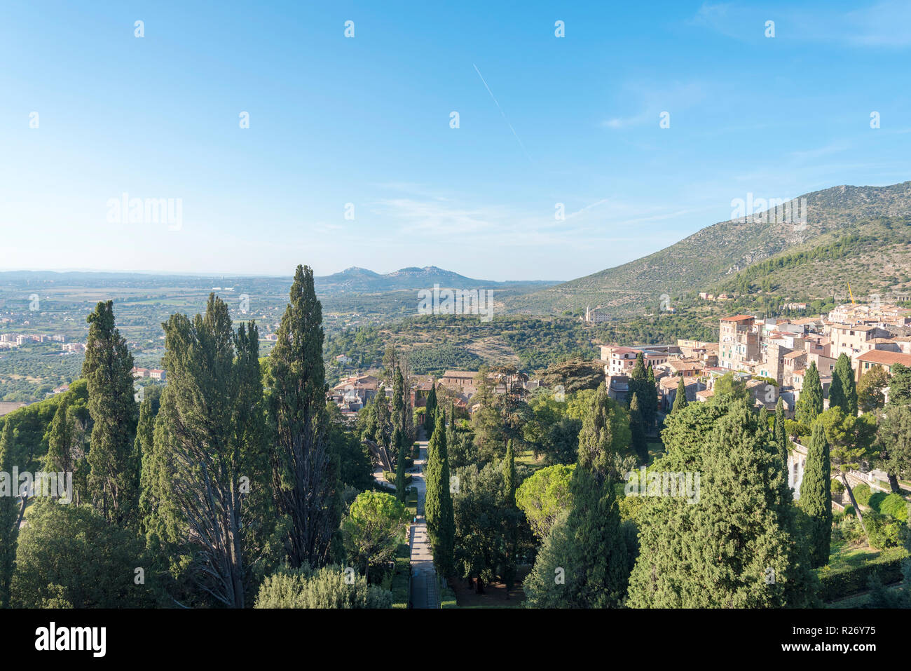 Case in Tivoli in Italia vista da Villa D'Este. Attrazioni della città. Foto Stock