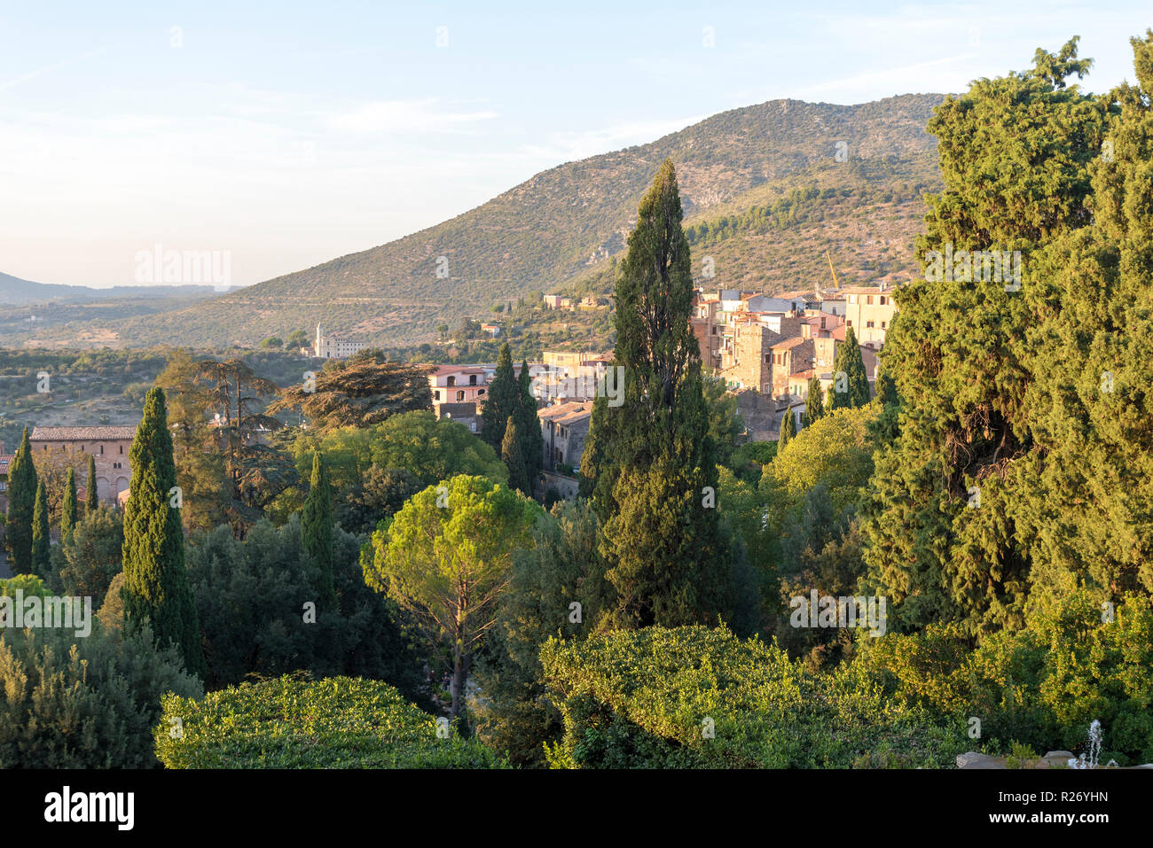 Case in Tivoli in Italia vista da Villa D'Este. Attrazioni della città. Foto Stock