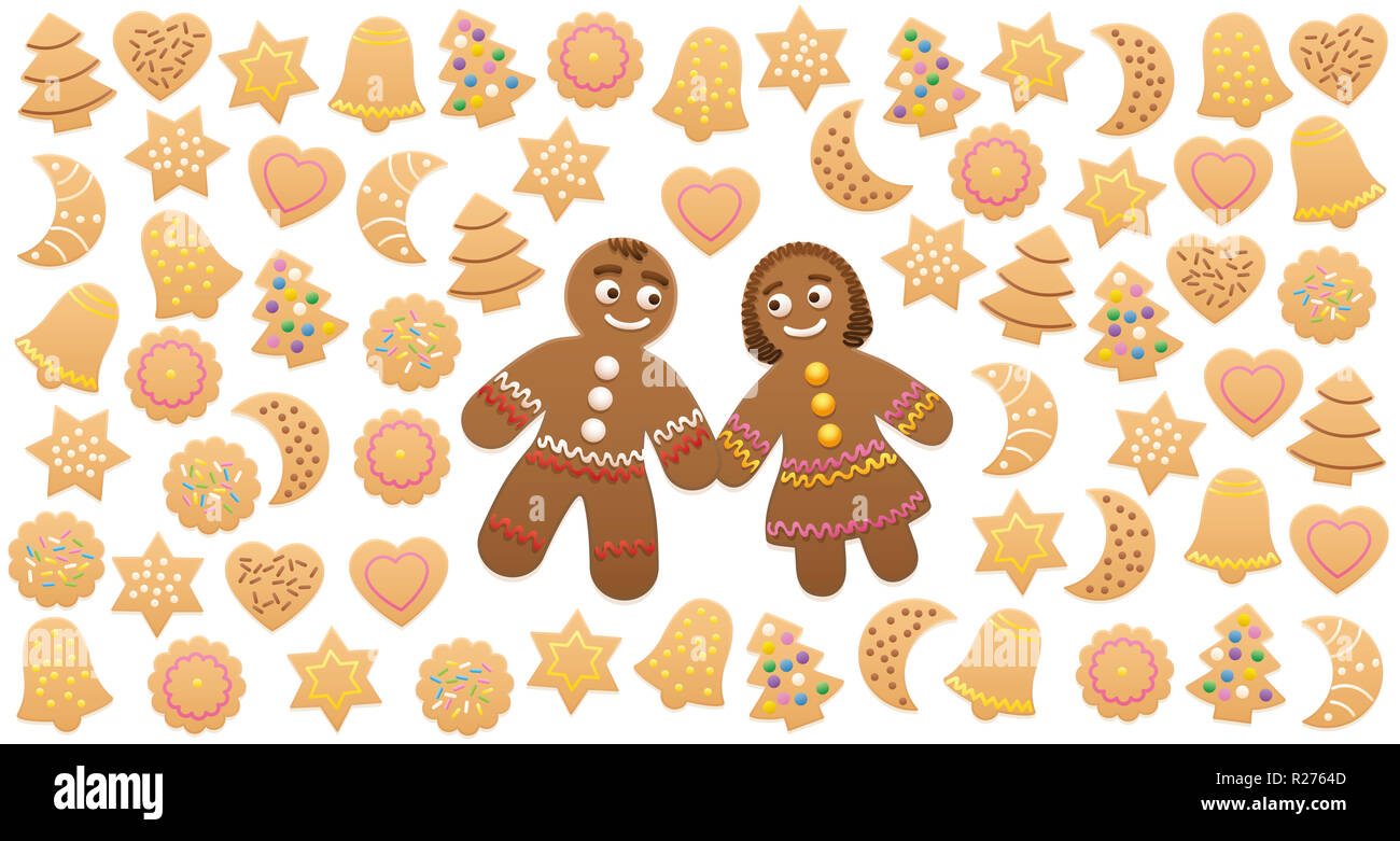 Biscotti di Natale e gingerbread l uomo e la donna nell'amore. Immagine su sfondo bianco. Foto Stock