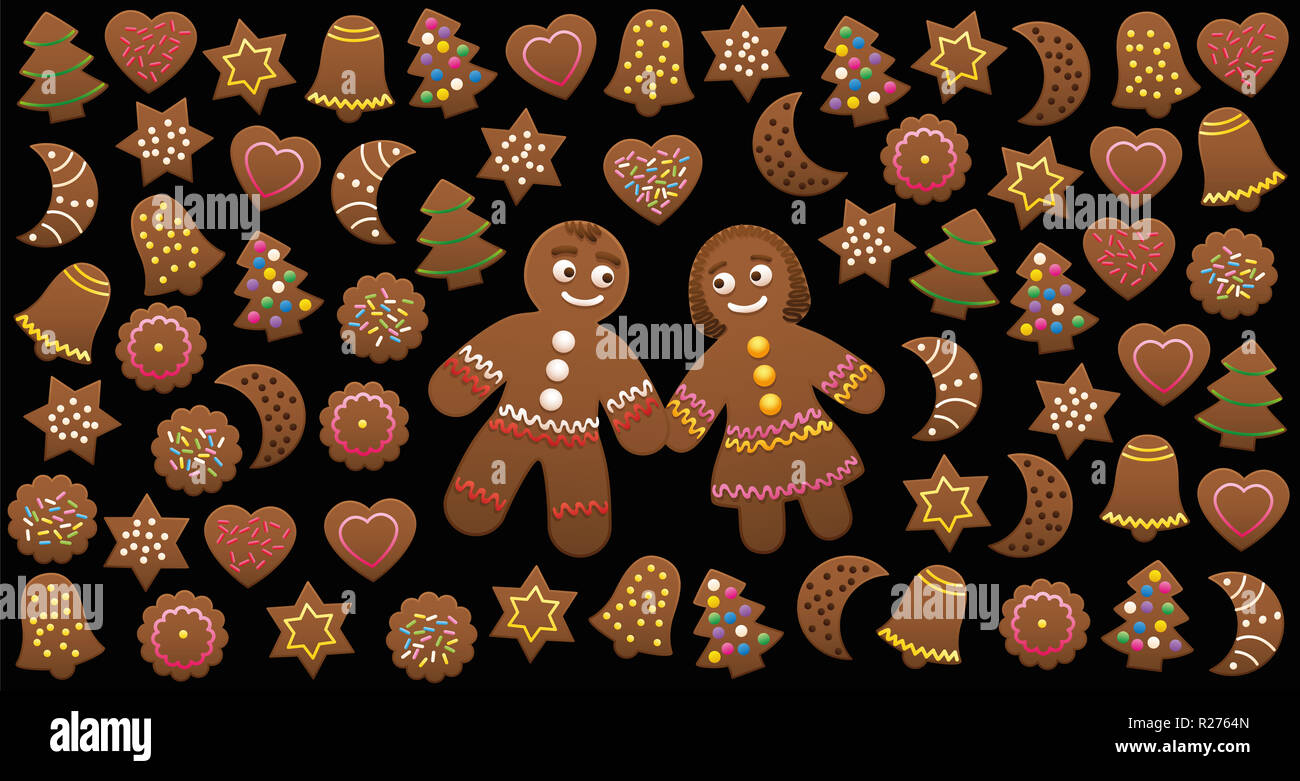 Gingerbread l uomo e la donna in amore tra i biscotti di Natale con diverse forme familiari e colorate decorazioni dolce. Illustrazione sul nero. Foto Stock
