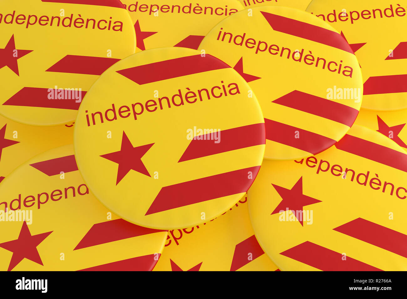 Spagna Catalogna Movimento di Indipendenza del concetto: Bandiera Estelada i badge con parola indipendenza in lingua catalana, 3d illustrazione Foto Stock