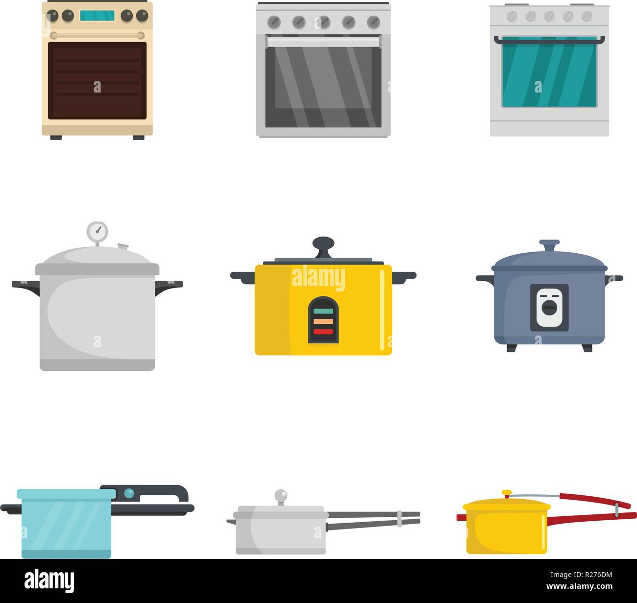 Fornello forno stufa pan bruciatore set di icone. Figura piana di 9 Fornello forno stufa pan bruciatore icone vettoriali per il web Illustrazione Vettoriale