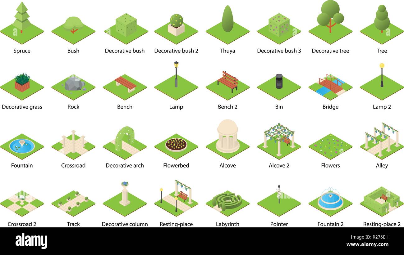 Parco elementi di natura landscape design set di icone. Illustrazione isometrica del parco di 32 elementi di natura paesaggio icone vettoriali per il web Illustrazione Vettoriale