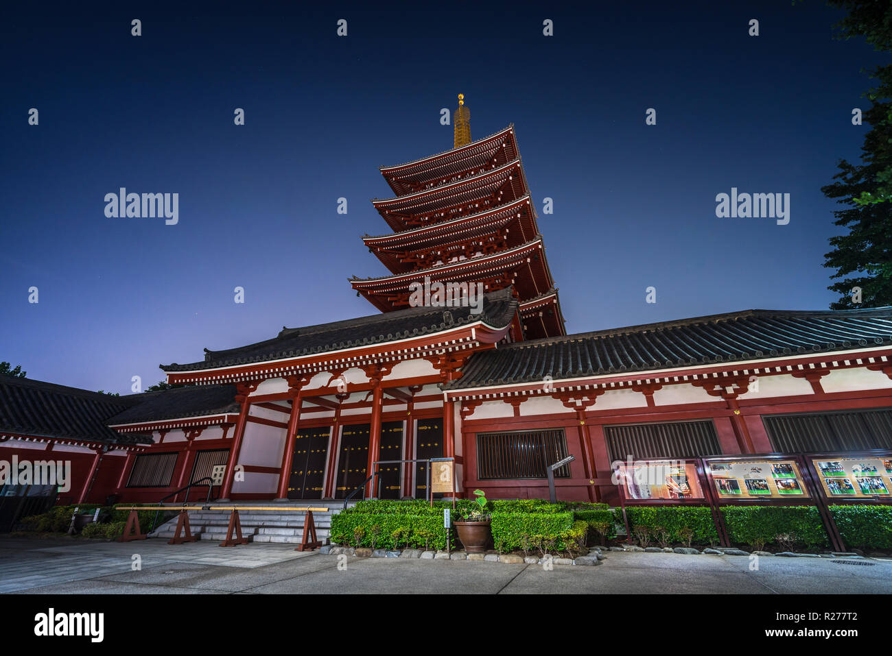 Taito Ward, Tokyo. Scena notturna alla pagoda a cinque piani del Tempio senso-ji. La seconda pagoda più alta del Giappone. Stelle sullo sfondo Foto Stock