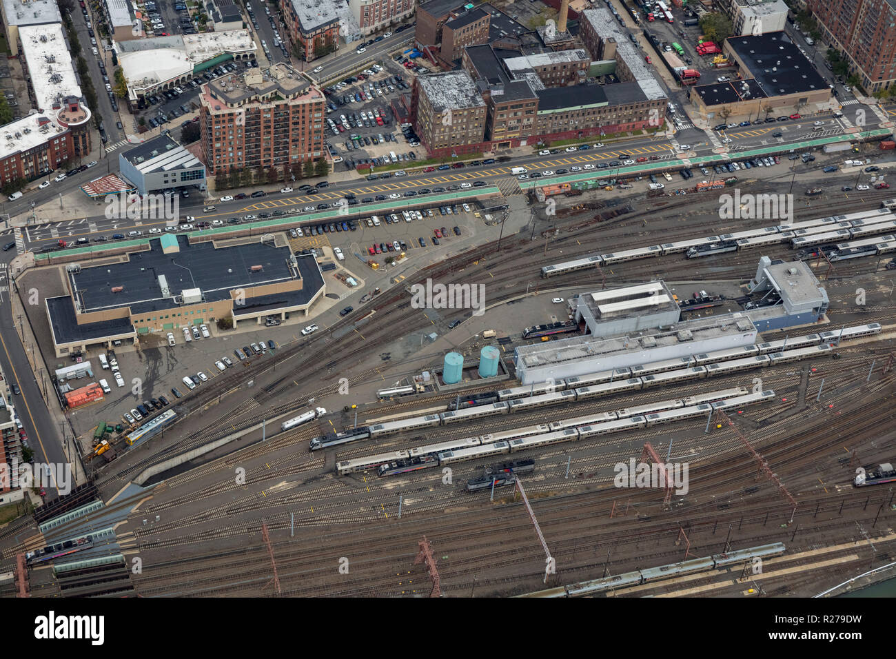 Elicottero vista aerea di Hoboken cantiere ferroviario, New Jersey, STATI UNITI D'AMERICA Foto Stock