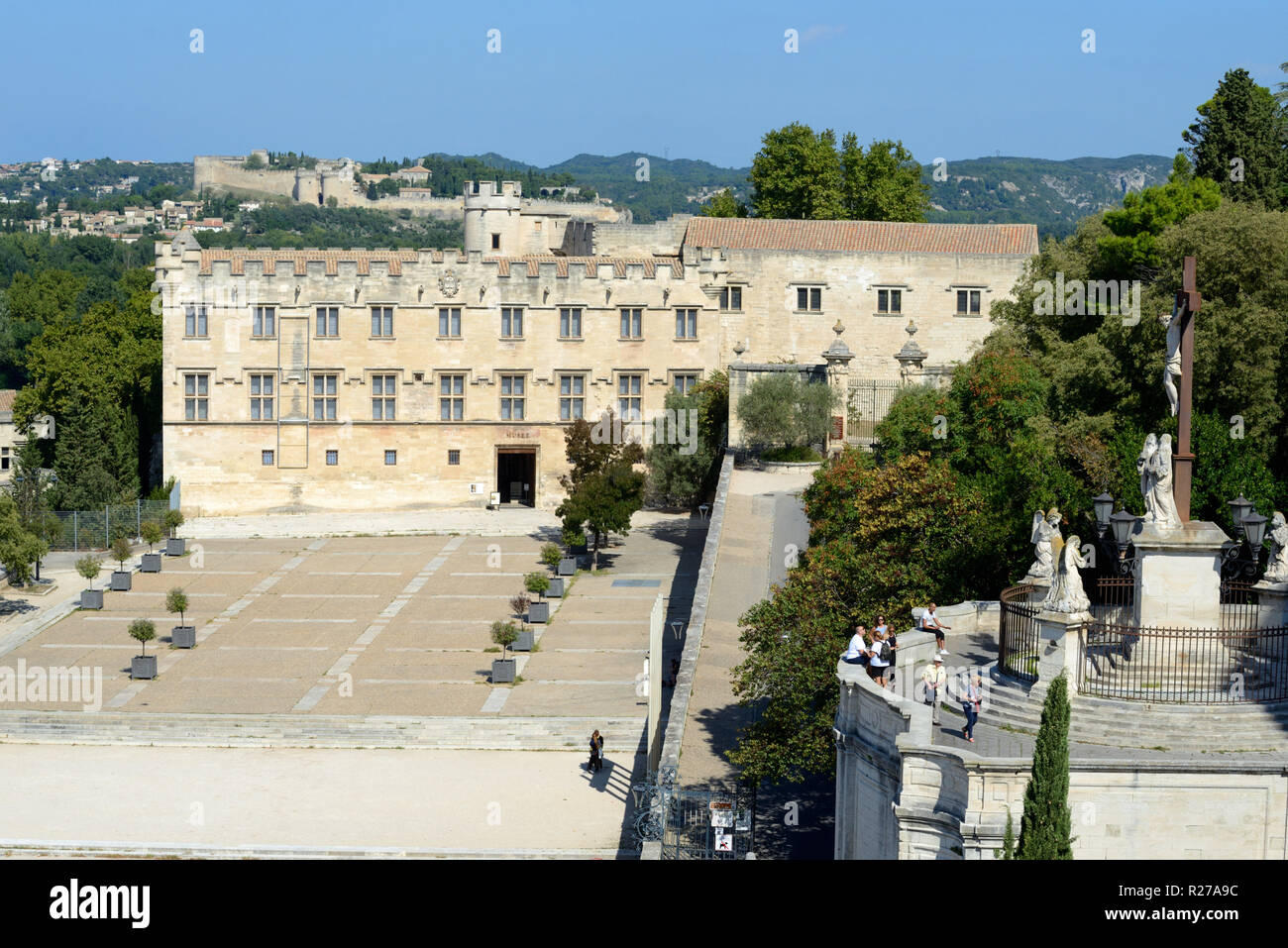 Vista su Petit Palais Museo con Villeneuve-lès Avignon in distanza e punto di vista barocco sotto la cattedrale di Notre Dame des Doms Chiesa cattedrale o Avignone Foto Stock