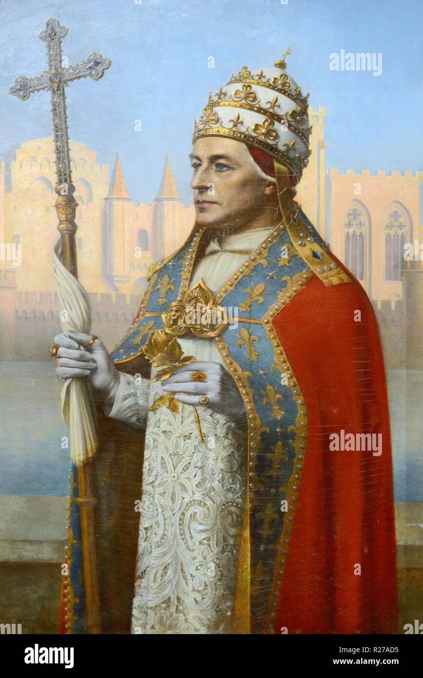 Ritratto di papa Clemente VI in abito cerimoniale. Dettaglio dal trittico costruttori del palazzo papale da Henri Rondel 1915-16. Palazzo papale ad Avignone Foto Stock