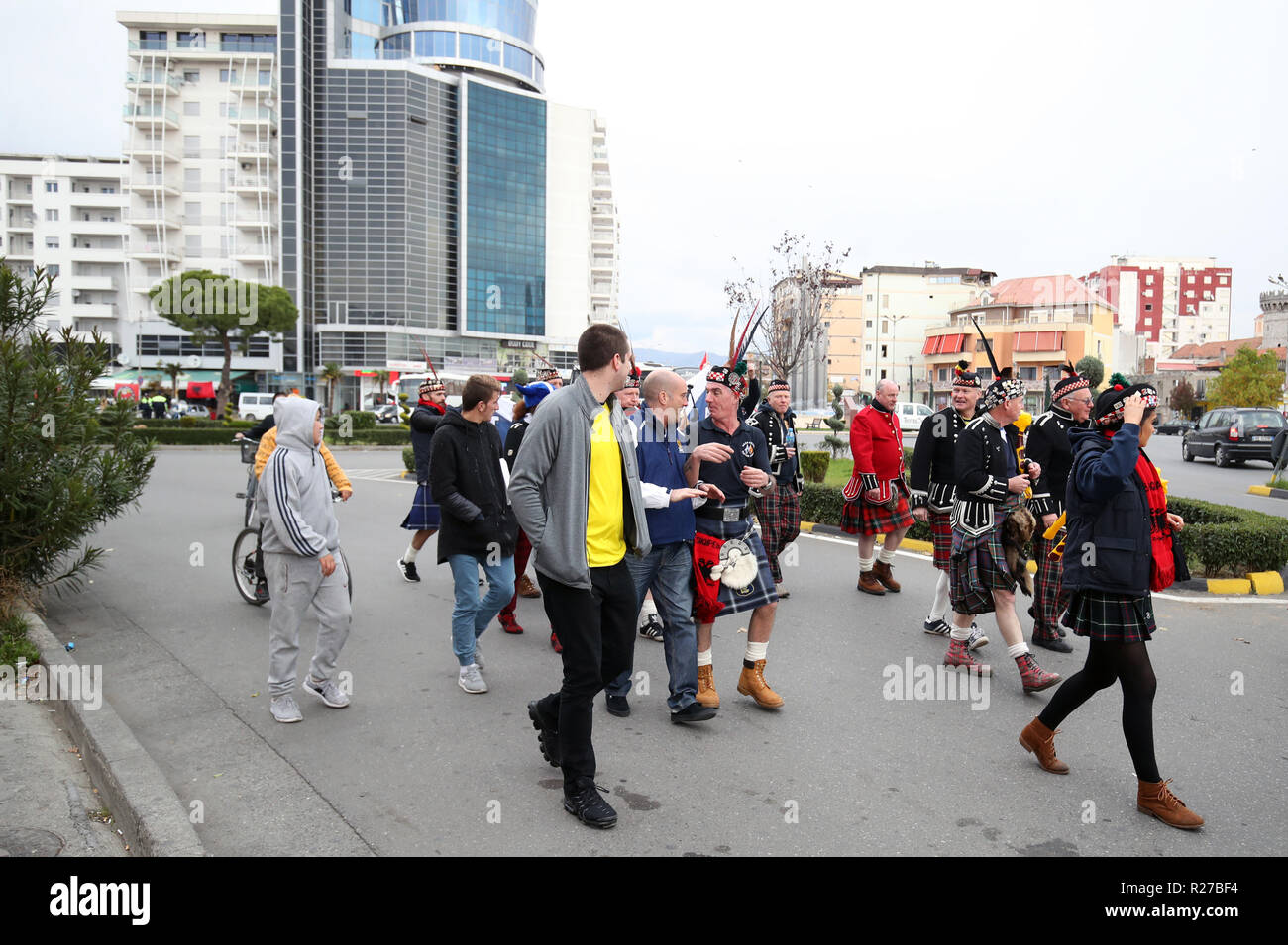 Scozia appassionati prima la UEFA lega delle nazioni, gruppo C1 corrispondono al Loro Parque Borici Stadium, Scutari. Foto Stock