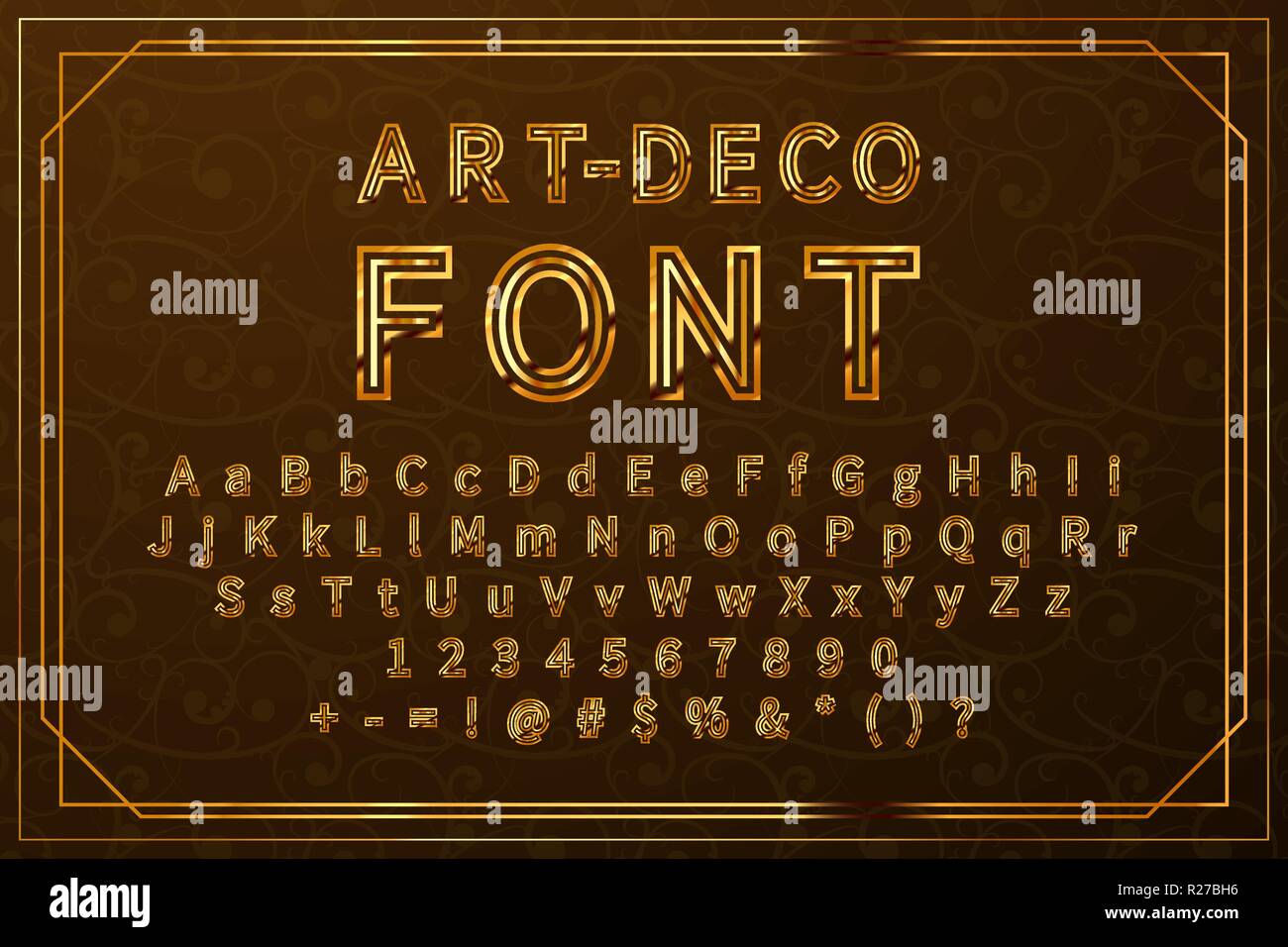 Golden art-deco font retrò, set completo di vintage simboli latina con numeri e segni Illustrazione Vettoriale