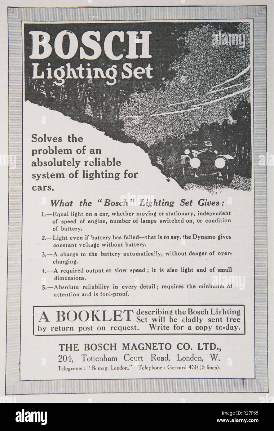 Un vecchio Spot per illuminazione di Bosch. Da un vecchio rivista britannica dal periodo 1914-1918. Foto Stock