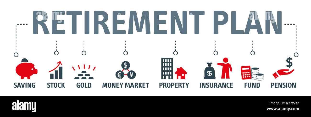 Banner pianificazione del pensionamento illustrazione vettoriale. Piano di pensionamento il concetto di crescita con icone Foto Stock