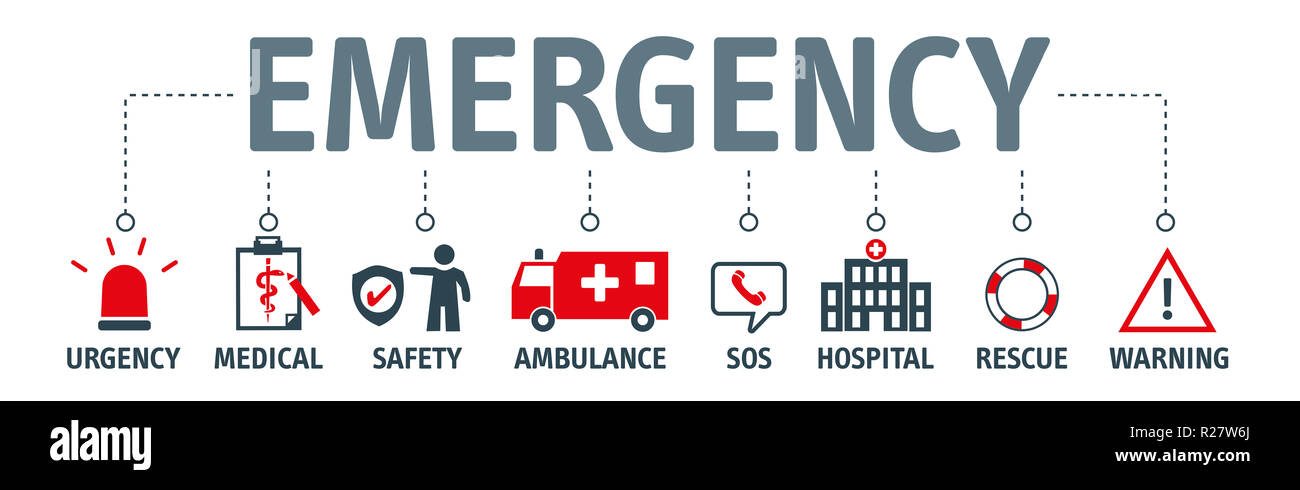 Vettore di emergenza banner design concept. kit di emergenza per evacuazione, oggetti vettoriali impostato su sfondo bianco Foto Stock
