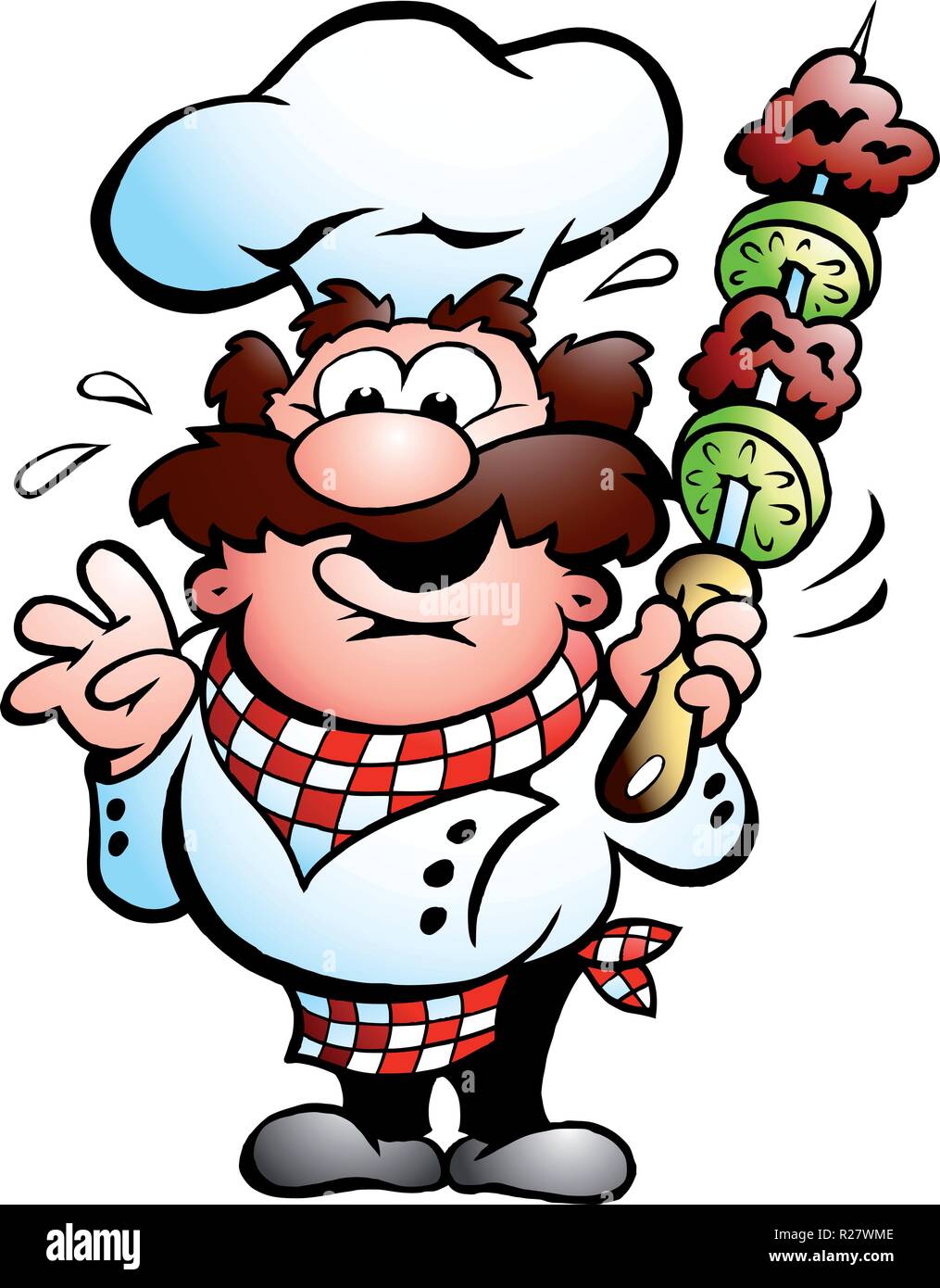 Disegnate a mano illustrazione vettoriale di un chef con un kebab spiedini Illustrazione Vettoriale