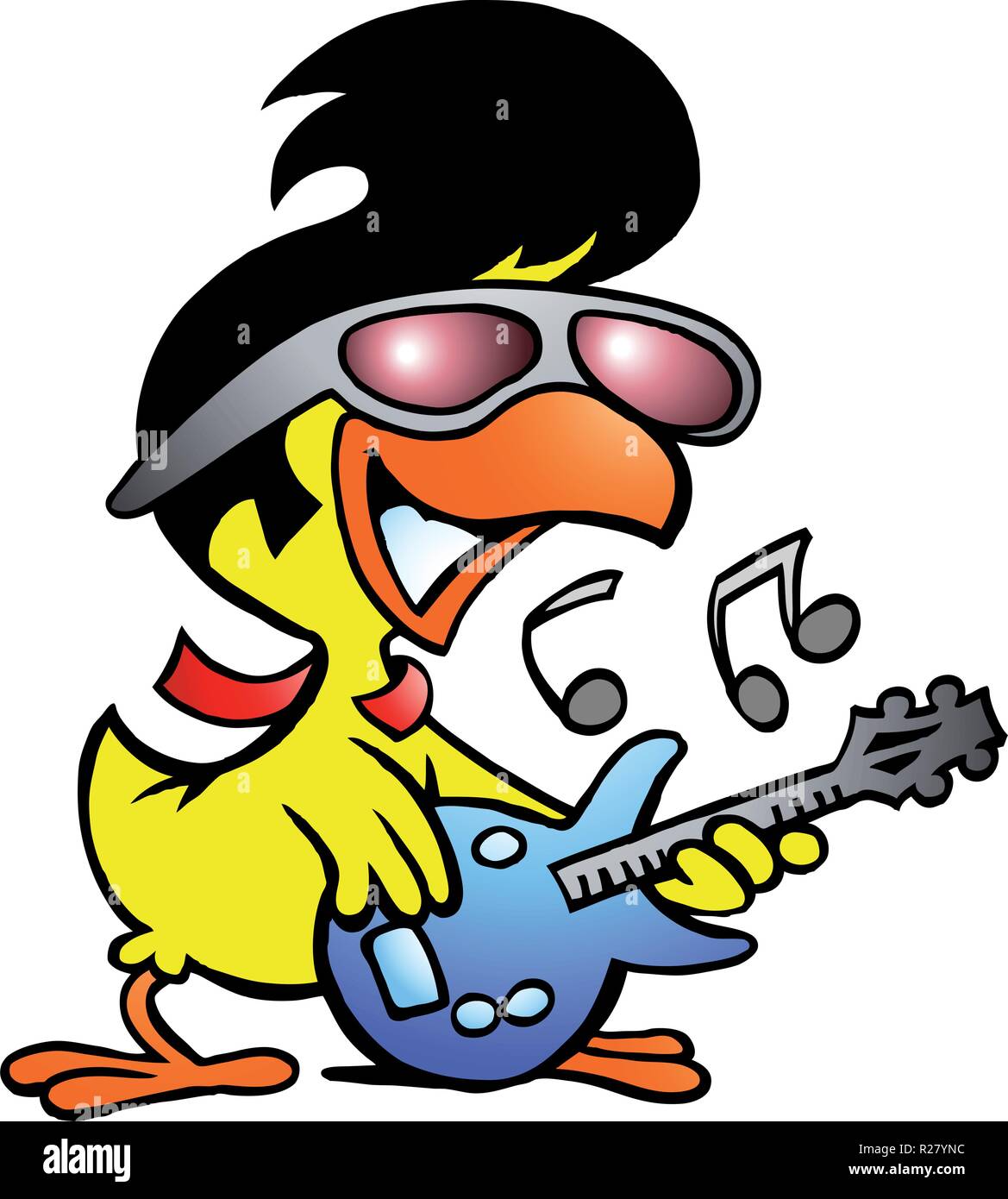 Disegnate a mano illustrazione vettoriale di un pollo smart giocando alla chitarra Illustrazione Vettoriale