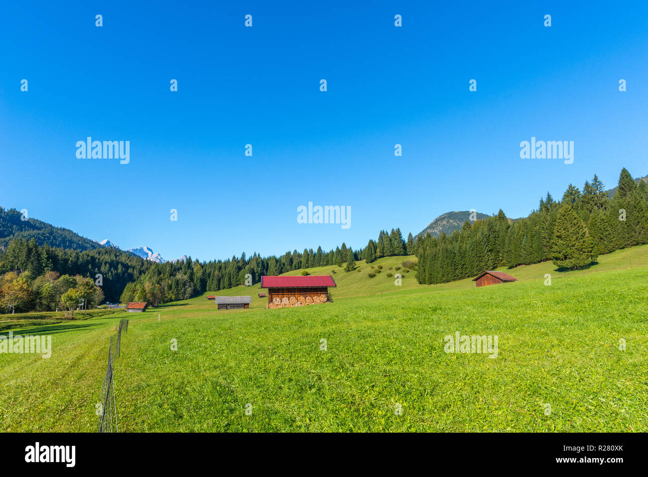 Buckelwiesen o prati hummocky nel villaggio di Gerold, Krün, colline ai piedi delle Alpi, Alta Baviera, Baviera, Germania meridionale, Europa Foto Stock