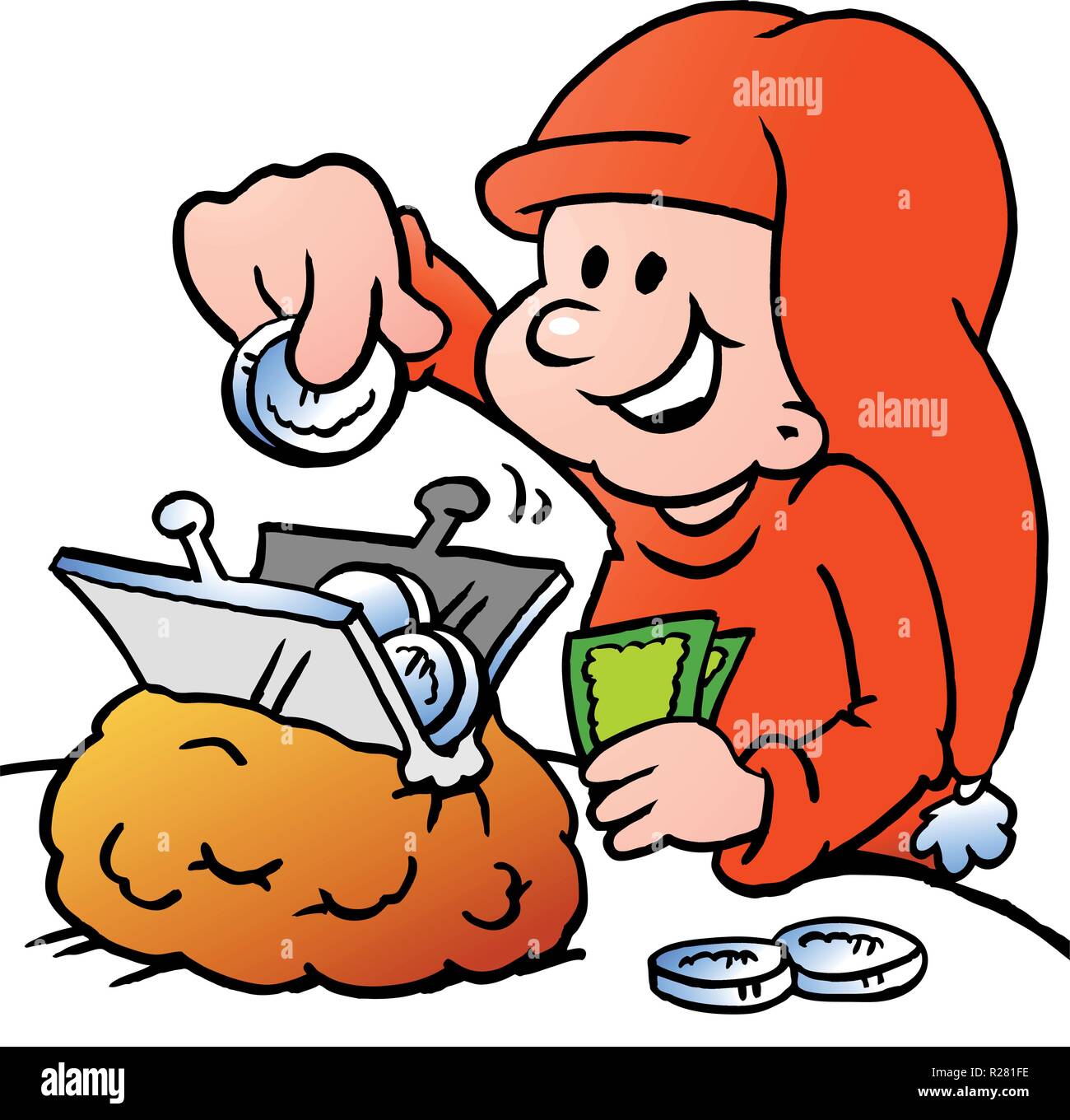 Disegnate a mano illustrazione vettoriale di un felice Natale Elf risparmio di denaro Illustrazione Vettoriale