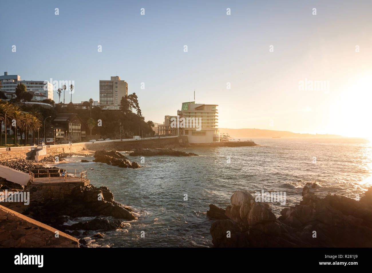 Vina del Mar skyline al tramonto - Vina del Mar, Cile Foto Stock