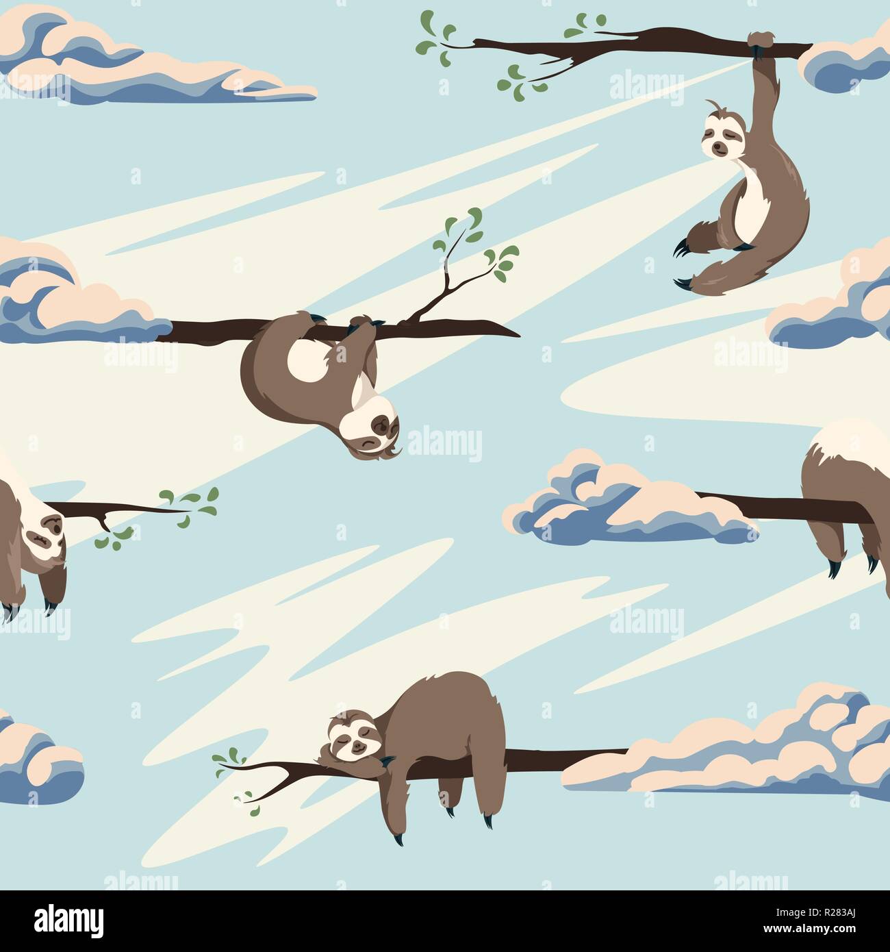 Carino bradipi vector seamless pattern . Texture con cartoon animali e nuvole su un cielo blu sullo sfondo Illustrazione Vettoriale