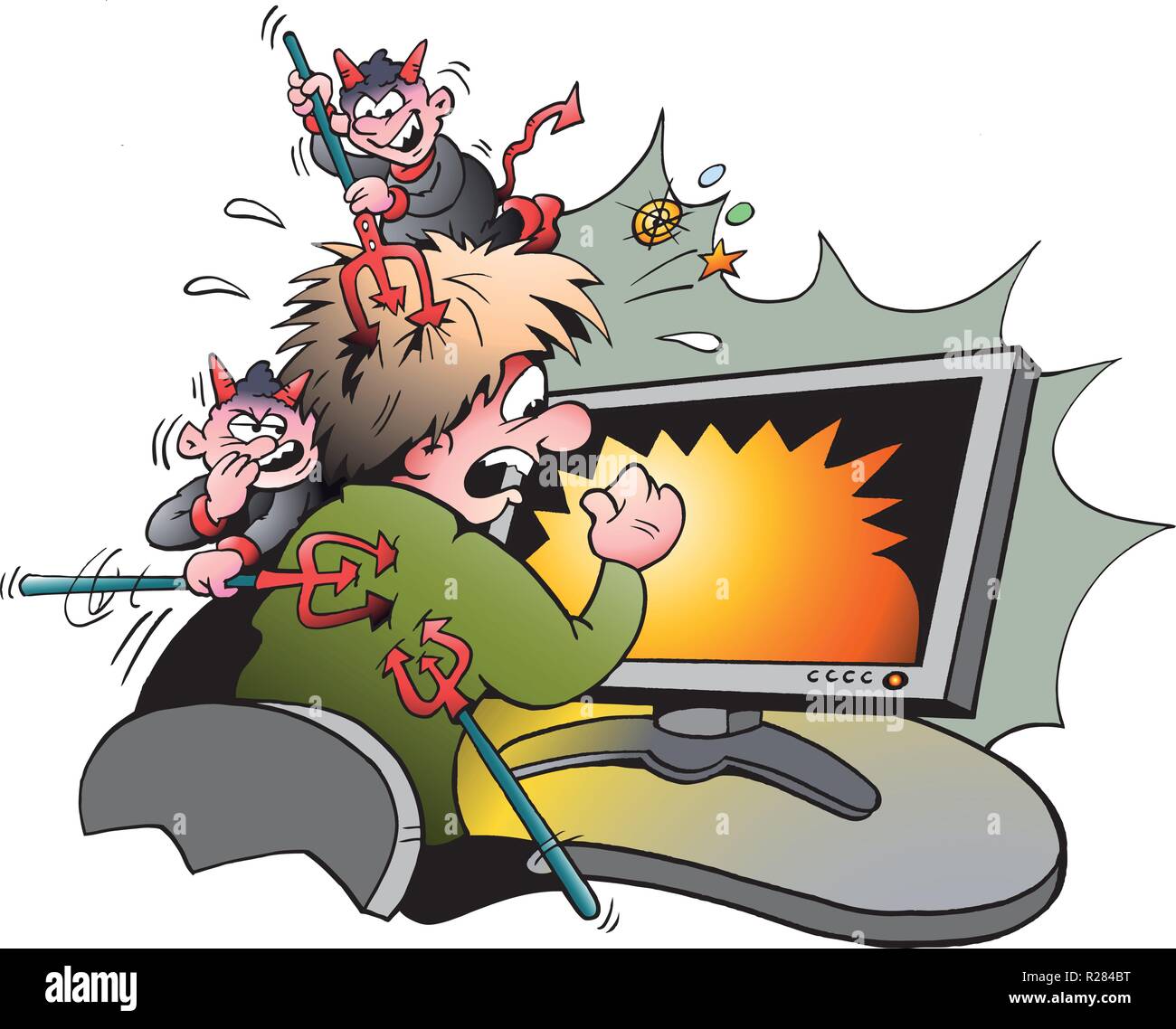 Vector Cartoon illustrazione di un computer surfista che viene attaccato da virus pericolosi Illustrazione Vettoriale