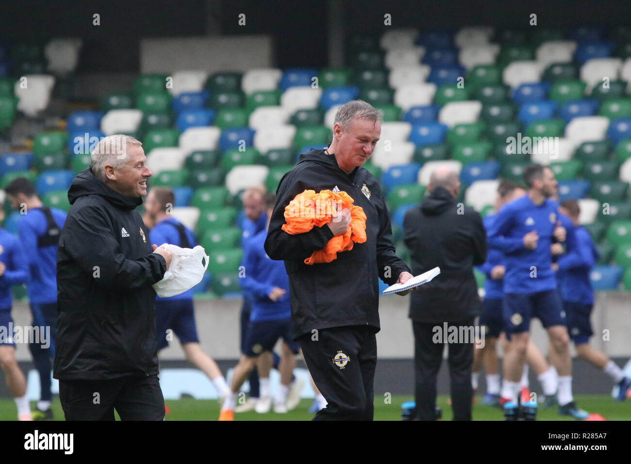 Windsor Park, Belfast, Irlanda del Nord.17 novembre 2018. Irlanda del Nord la formazione in Belfast questa mattina davanti a loro nazioni UEFA League contro l'Austria domani notte allo stadio. Irlanda del Nord manager Michael O'Neill in formazione. Credito: David Hunter/Alamy Live News. Foto Stock