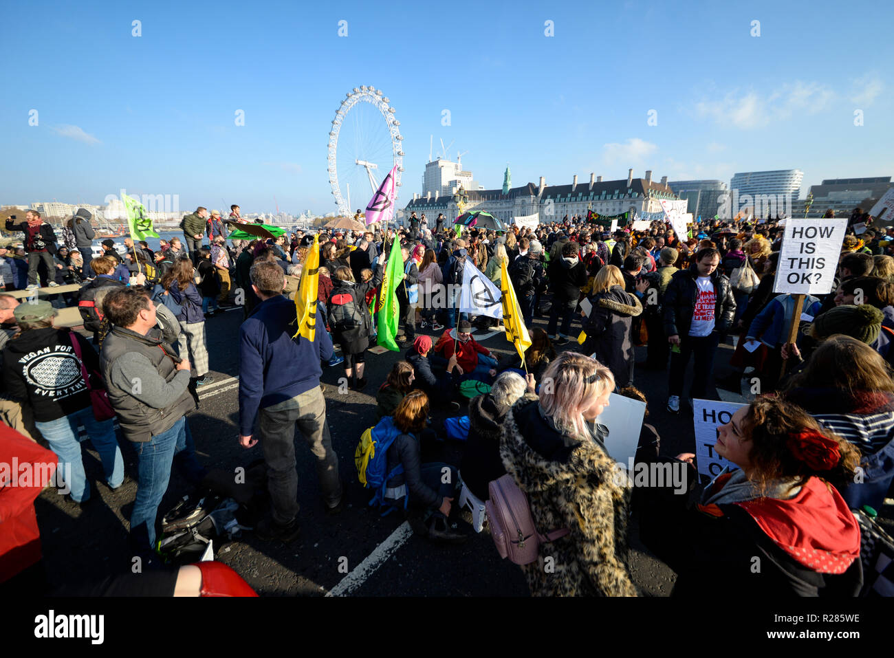 Westminster Bridge, Londra, Regno Unito. Organizzato dalla ribellione di estinzione, una protesta è in corso per 'rebel contro il governo britannico per inazione penale a fronte del cambiamento climatico catastrofe e il collasso ecologico". I manifestanti bloccano il Tamigi ponti di Westminster, Waterloo, Southwark, Blackfriars e Lambeth così da alterare il traffico Foto Stock