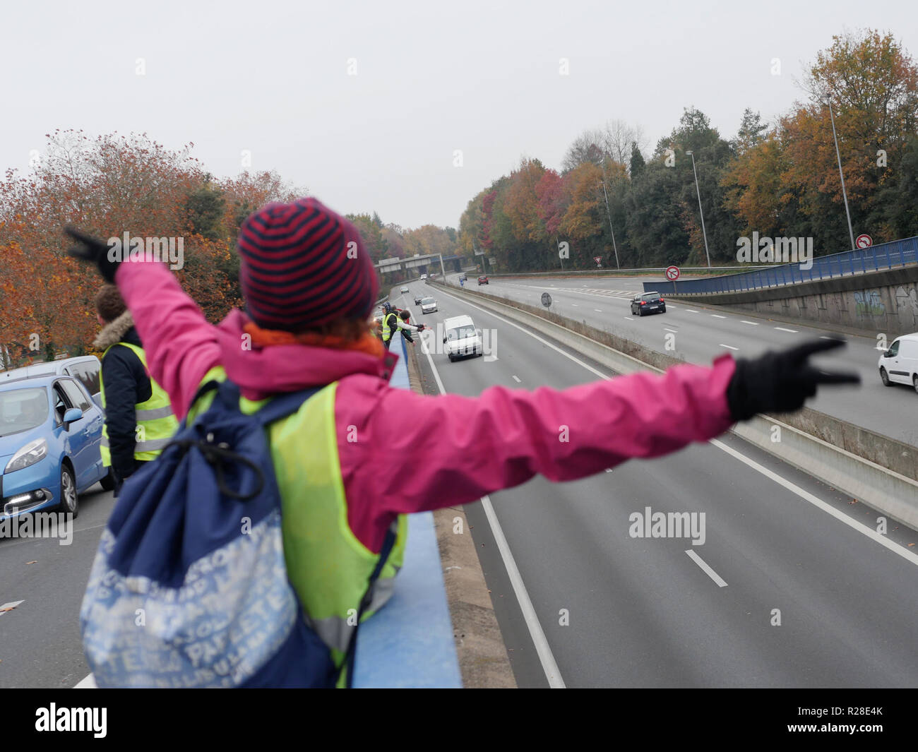 Nantes, Francia. 17 Nov, 2018. Occupazione e dimostrazione di 'giacca gialla' manifestanti a Nantes contro il governo francese a Nantes , Francia , 11/17/18 Credito: VERNAULT QUENTIN/Alamy Live News Foto Stock