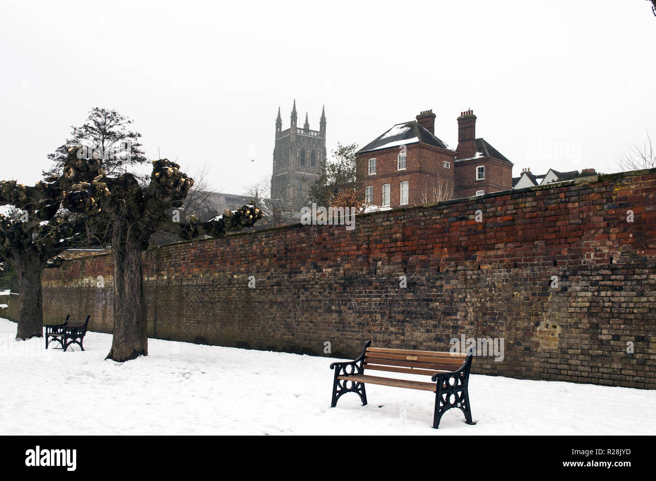 Una favolosa vista sulla torre della cattedrale di Worcester in un giorno d'inverno. Scenario innevato con un banco di solitario e alberi. Foto Stock