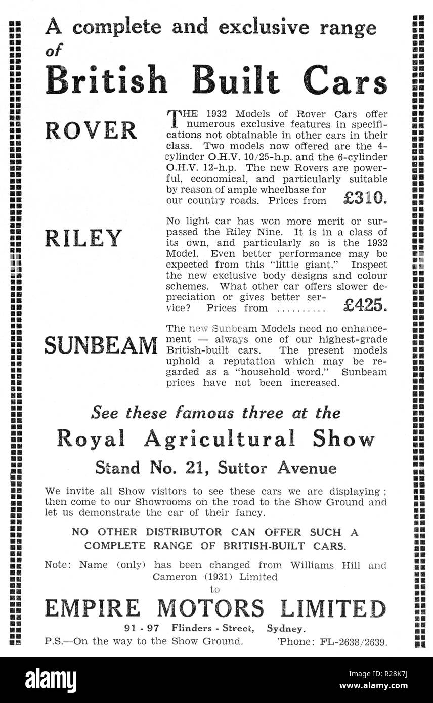 1932 giornale australiano pubblicità per British costruito vetture: Rover,Riley e Sunbeam, Foto Stock