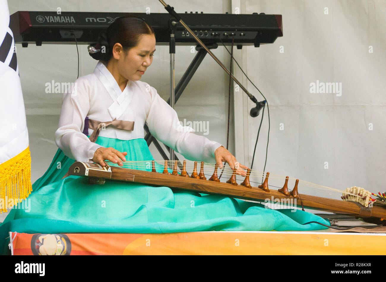 Un musicista femmina vestito in un hanbok svolge un gayageum alla cultura Coreana e Food Festival ad Adelaide nel South Australia, Australia. Foto Stock