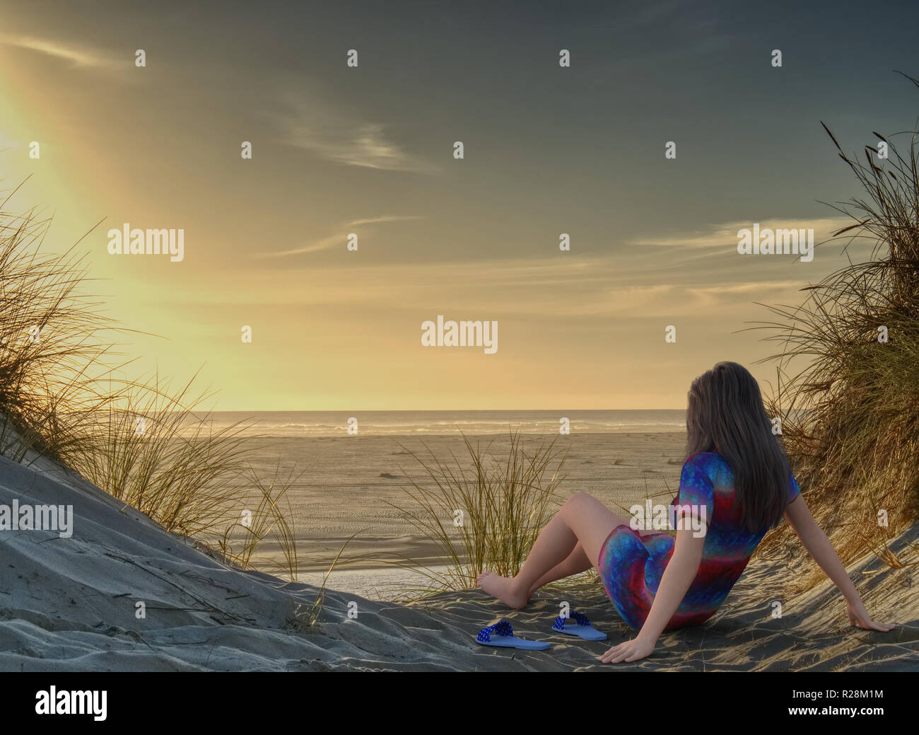 Un 3D figura il rendering di una donna a guardare il tramonto sulla spiaggia Foto Stock