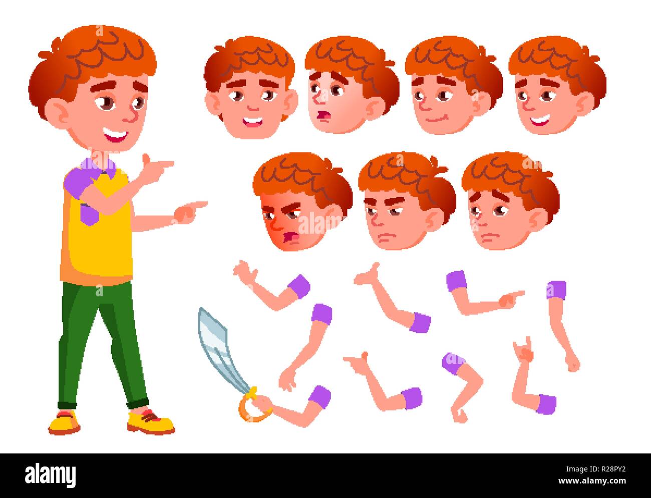 Il ragazzo, bambino, capretto, Teen vettore. Sorriso. Carino. La felicità del divertimento. Affrontare le emozioni, vari gesti. Red Head. Creazione di animazione Set. Piatto isolato personaggio dei fumetti illustrazione Illustrazione Vettoriale