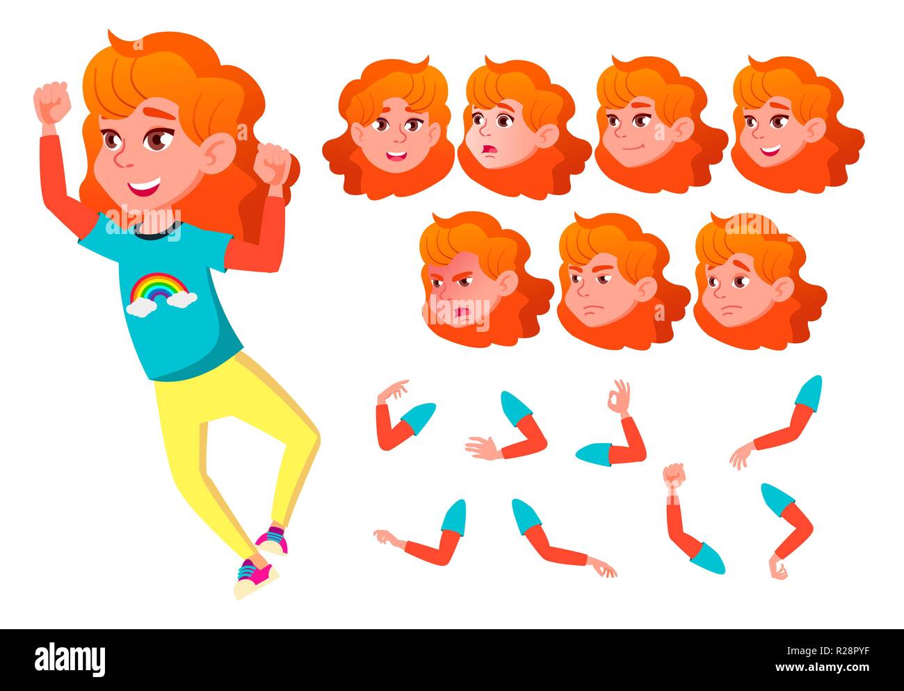 Ragazza, bambino, capretto, Teen vettore. Sorriso. Carino. La felicità del divertimento. Affrontare le emozioni, vari gesti. Red Head. Creazione di animazione Set. Piatto isolato personaggio dei fumetti illustrazione Illustrazione Vettoriale