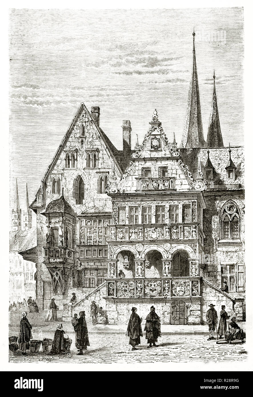 Vecchio vista di Halberstadt city hall, Germania. Da Stroobant, publ. in Le Tour du Monde, Parigi, 1863 Foto Stock