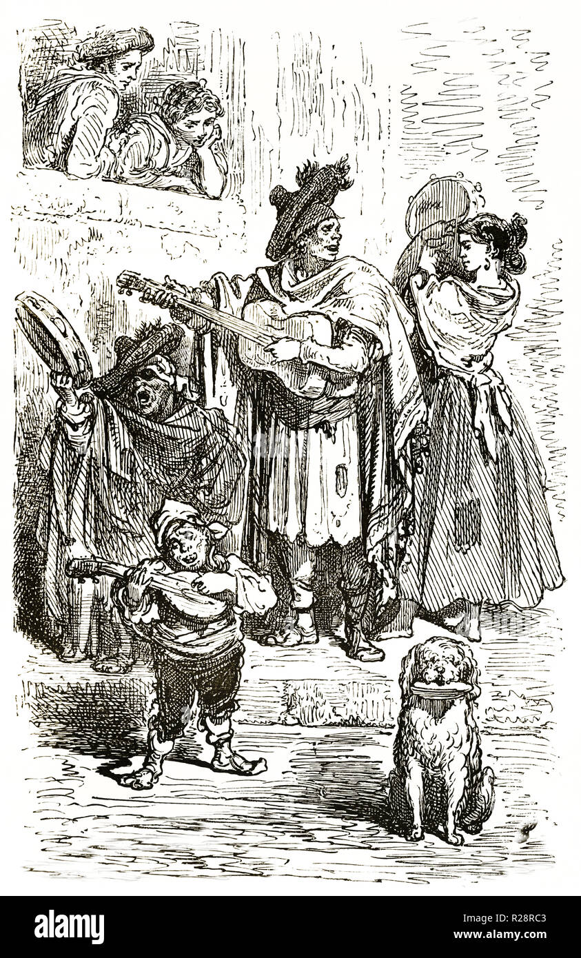 Vecchia immagine raffigurante i musicisti itineranti, Spagna. Da Dore, publ. in Le Tour du Monde, Parigi, 1863 Foto Stock