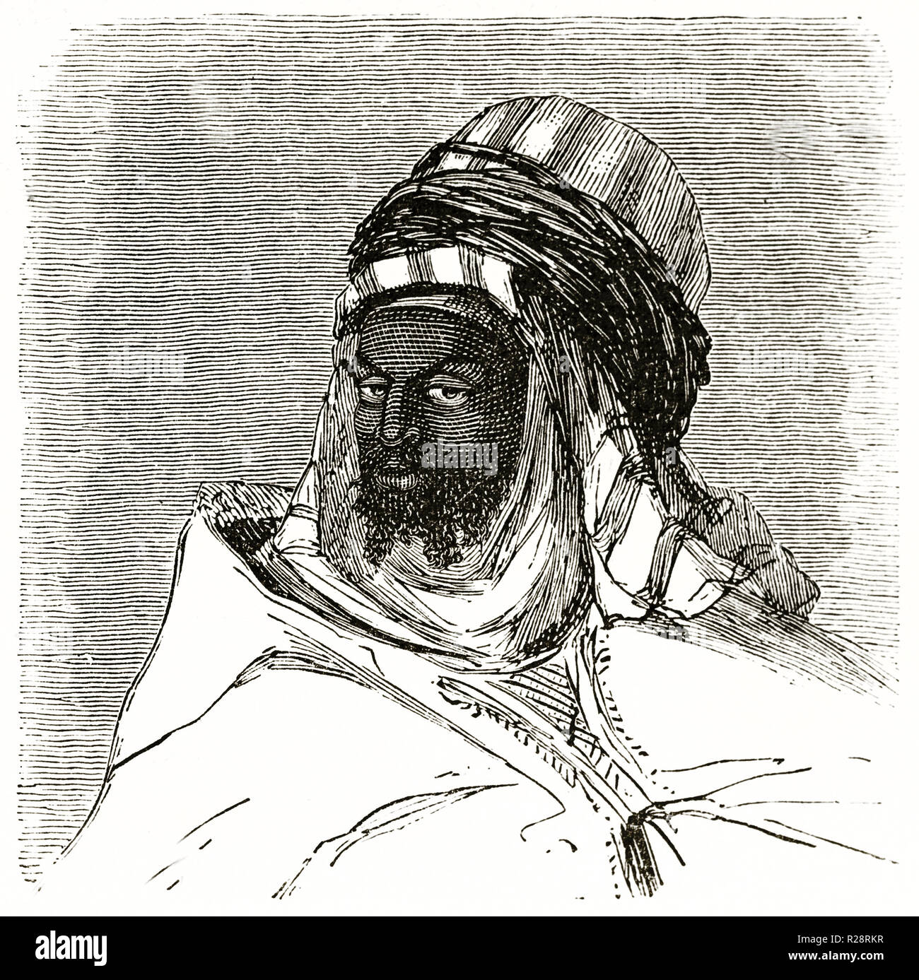 Vecchio ritratto inciso di Bahous-Ben-Babia, qaid di N'Goussa, Algeria. Da Lajolais, publ. in Le Tour du Monde, Parigi, 1863 Foto Stock