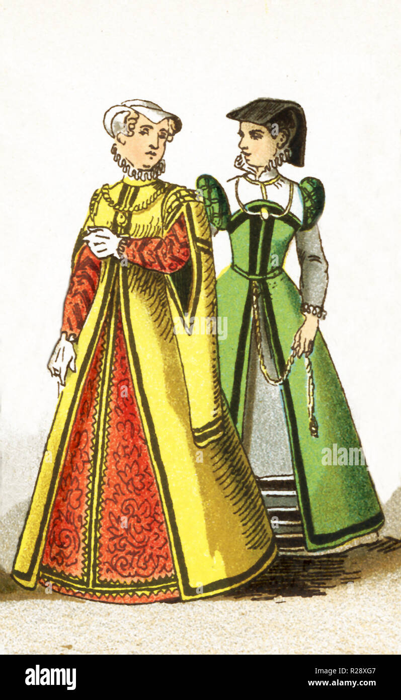 Le figure qui rappresentate sono due donne francesi di rango tra 1550 e 1600. Questa illustrazione risale al 1882. Foto Stock