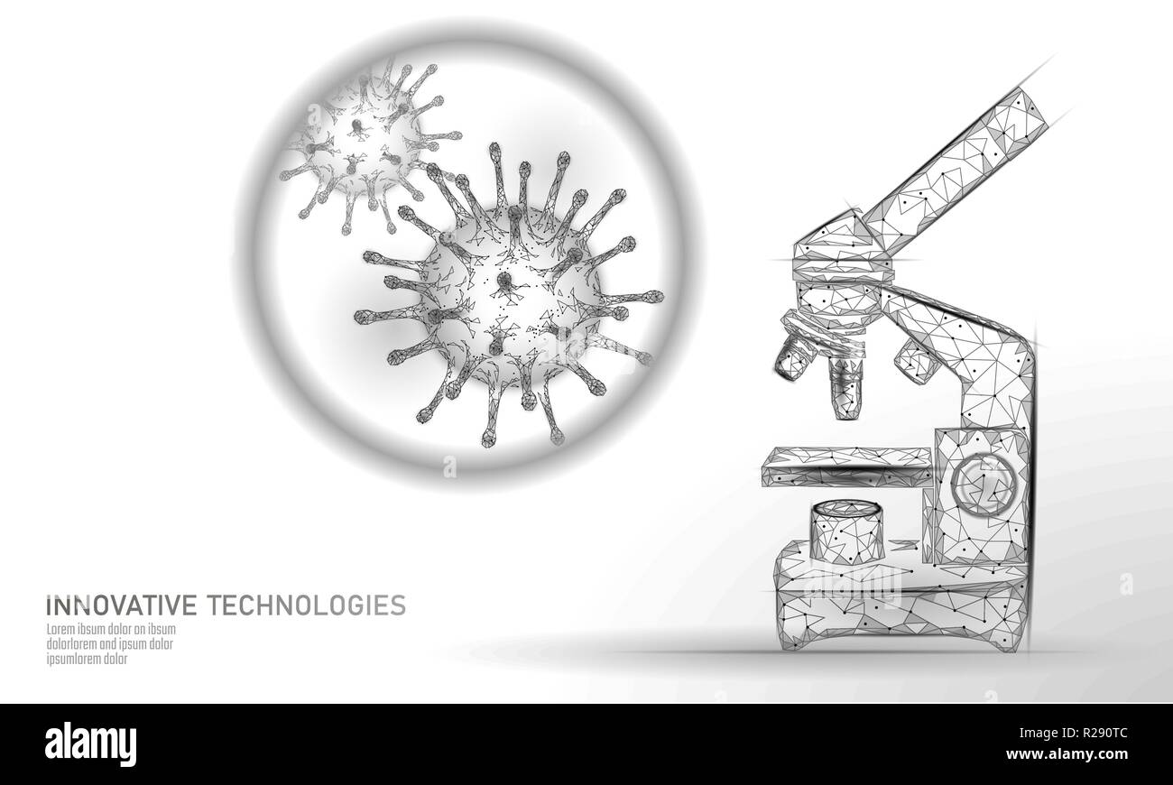 Virus di microscopio 3D bassa poli render. Analisi di laboratorio infezione malattia cronica del virus di epatite influenza aviaria infettano organismo, aids. La scienza moderna medicina tecnologia thearment illustrazione vettoriale Illustrazione Vettoriale