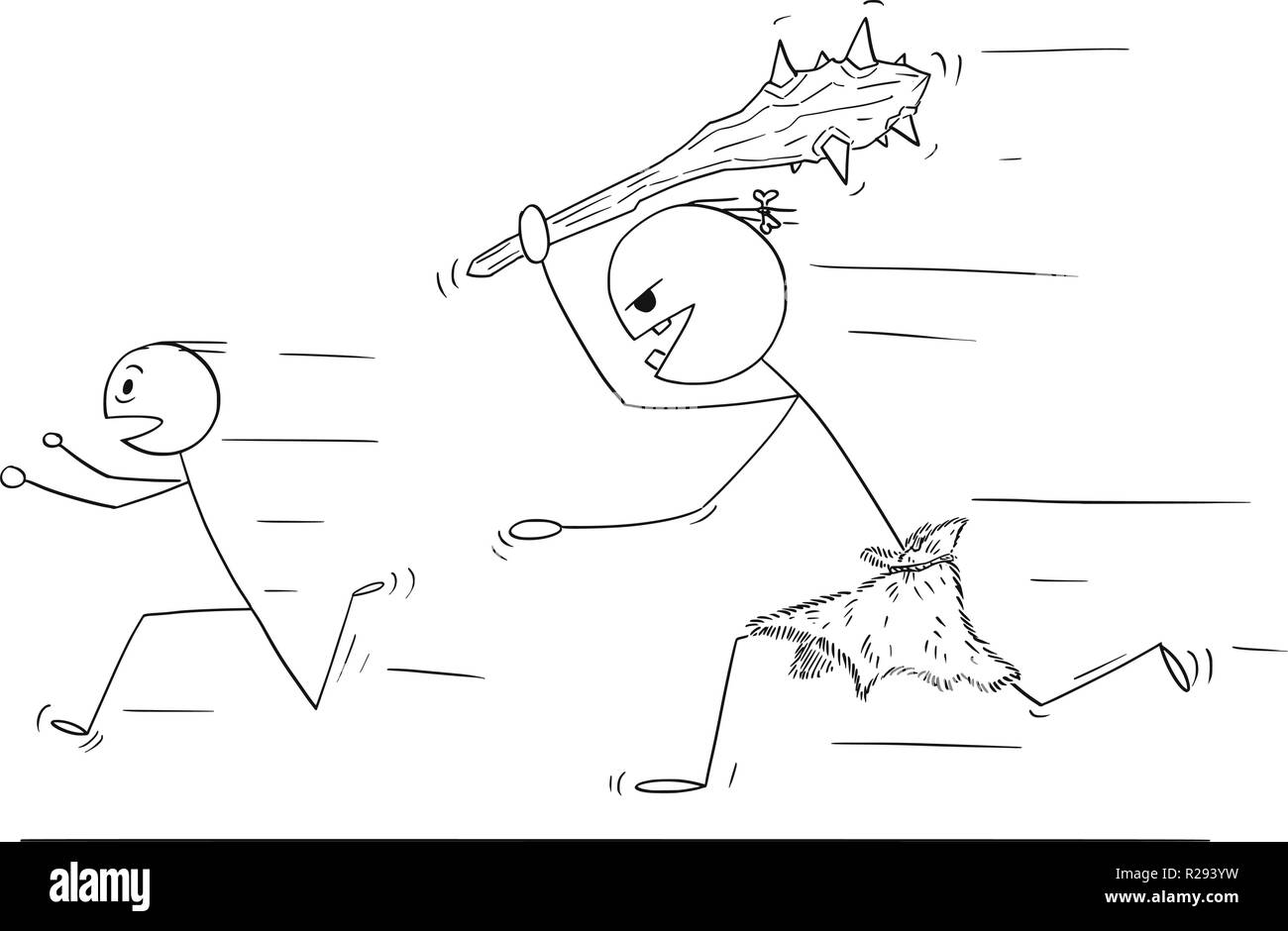 Cartoon di paura uomo correre lontano da Caveman o gigante Illustrazione Vettoriale
