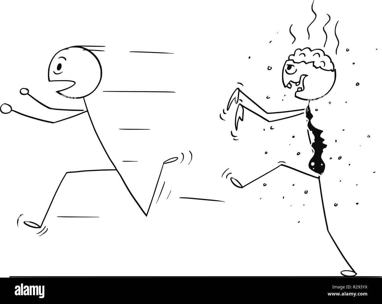 Cartoon di paura uomo correre lontano da zombie Illustrazione Vettoriale