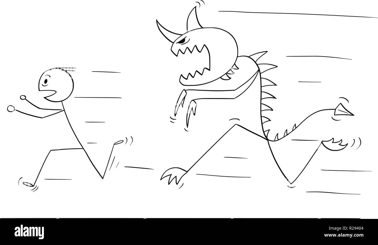 Cartoon di paura uomo correre lontano dalla creatura di Monster Illustrazione Vettoriale
