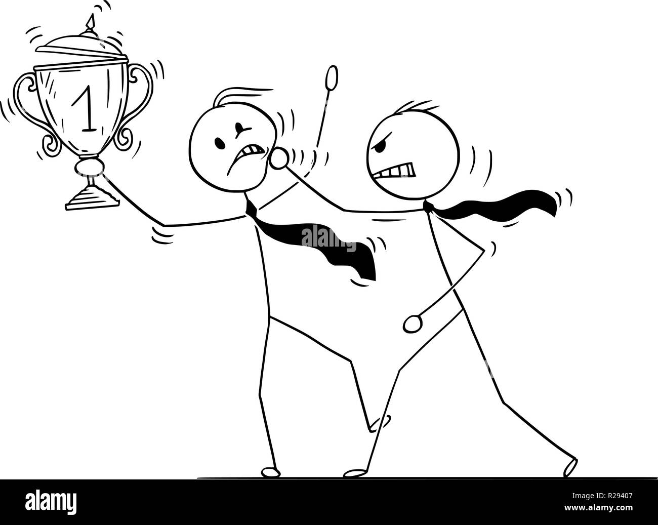 Cartoon di imprenditore attaccando vincitore concorrente con il Trofeo Cup Illustrazione Vettoriale